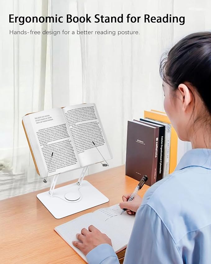 Honagu Book Stand for Reading, Adjustable Book Holder with 360 Degree Rotating Base & Page Clips, Hands Free Foldable Desktop Cookbook Stand for Sheet Music, Laptop, Recipe, Textbook (Yellow Wood)