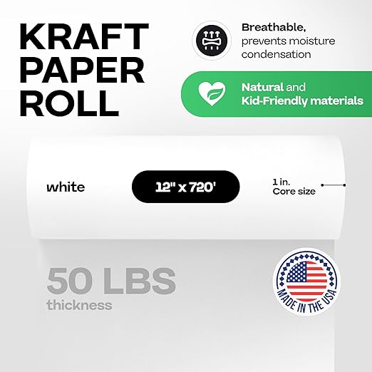 White Kraft Paper Roll 12" x 8640" (720 feet) for Packing, Moving, Shipping, Crafts - USA-Made Heavy Duty Craft Paper 50lb Thickness - 100% Recyclable Natural Kraft Wrapping Paper by IDL Packaging