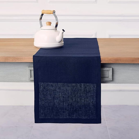 Solino Home Linen Navy Blue Table Runner 120 Inches Long - 100% Pure Linen Dining Table Runner 14 x 120 Inch for Fall, Autumn, Thanksgiving, Christmas, Holiday, Winter - Fete