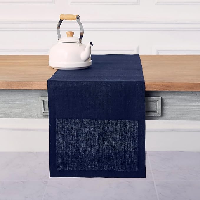 Solino Home Linen Navy Blue Table Runner 48 Inches - 100% Pure Linen Small Table Runner 14 x 48 Inch Ideal for Dresser and Coffee Tables - Fall, Autumn, Thanksgiving, Christmas, Holiday, Winter - Fete