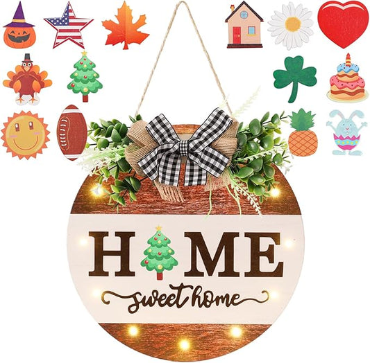 HOMCDALY Interchangeable Welcome Sign for Front Door with 14 Changeable Icons, Door Wreaths for Front Door with 12 LED Lights, Farmhouse Rustic Welcome Door Hanger Wall Sign, Porch Decorations(White)