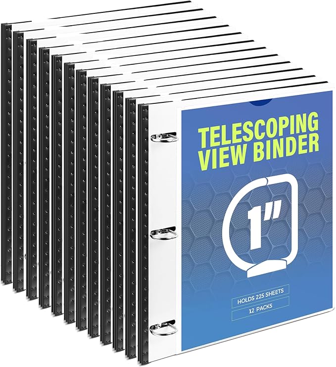 WOT I 12-Pack Telescoping 3 Ring Binder 1 Inch, Expandable Flexible Binder - Patented Design for Easy Portability, Holds 225 Sheets, Perfect for School, Office&Home Organization, White
