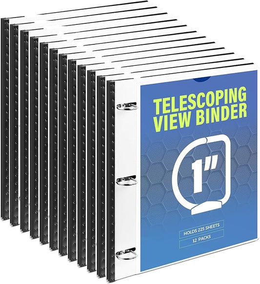 WOT I 12-Pack Telescoping 3 Ring Binder 1 Inch, Expandable Flexible Binder - Patented Design for Easy Portability, Holds 225 Sheets, Perfect for School, Office&Home Organization, White