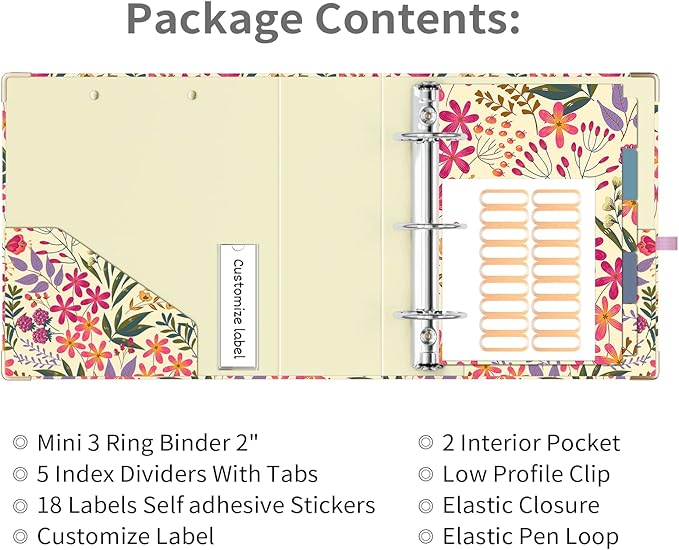 Ospelelf Mini 3 Ring Binder, 2 Inch, Cute Floral Binder for 5.5" x 8.5" with 5 Tab Dividers, File Folder Labels and Low Profile Clipboards