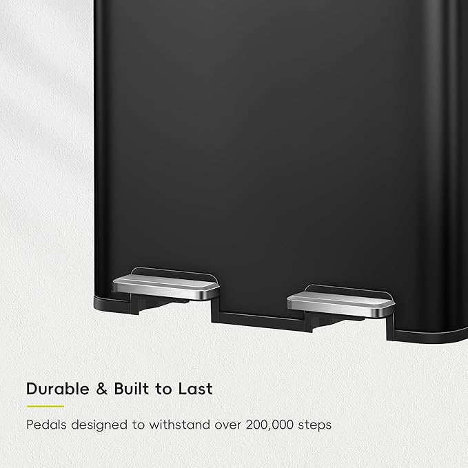EKO Edison 8+8 Gallon Dual Trash Can for Recycling and Trash, Stainless Steel Kitchen Step Can with Dual Removable Inner Bucket, Independent Lids and Pedals, Black