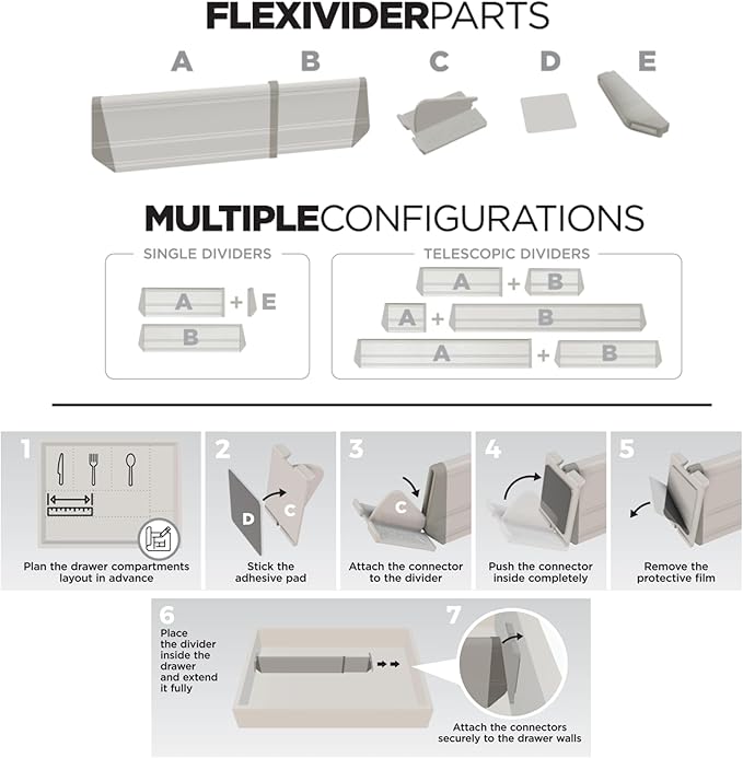 Practical Comfort FLEXIVIDER Aluminum Drawer Organizer - 9 Telescopic Dividers Set - Champagne