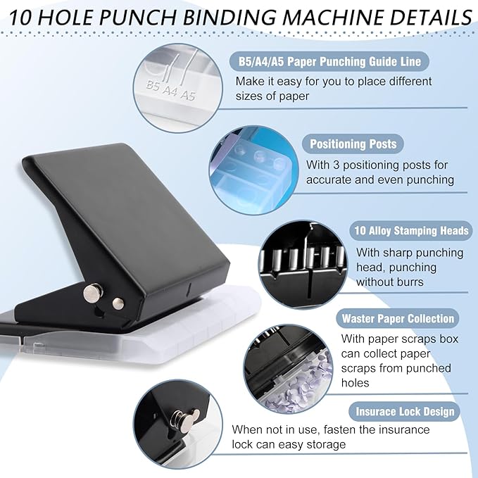 10 Hole Punch Binding Machine for Planner, Metal Binder Machine Kit with 10Pcs Plastic Comb Binding Spines & 30Pcs Loose Leaf Binder Rings, Binder Hole Puncher for A4, A5 and B5 Paper