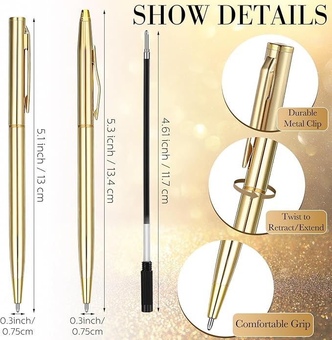 Fuutreo 12 Pack Wedding Gold Pens Bulk Gold Metal Pens Slim Ballpoint Retractable Ballpoint with Black Ink Mini Conical for Wedding Favors Guests, Office Business Teachers,1.0 mm
