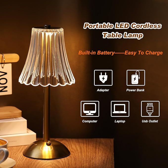 Liliful 2 Pcs LED Portable Cordless Table Lamp Touch Battery Operated Rechargeable Gold Desk Lamp 3 Color Dimmable for Bedroom Living Room Dining (Gold,Rose Style)