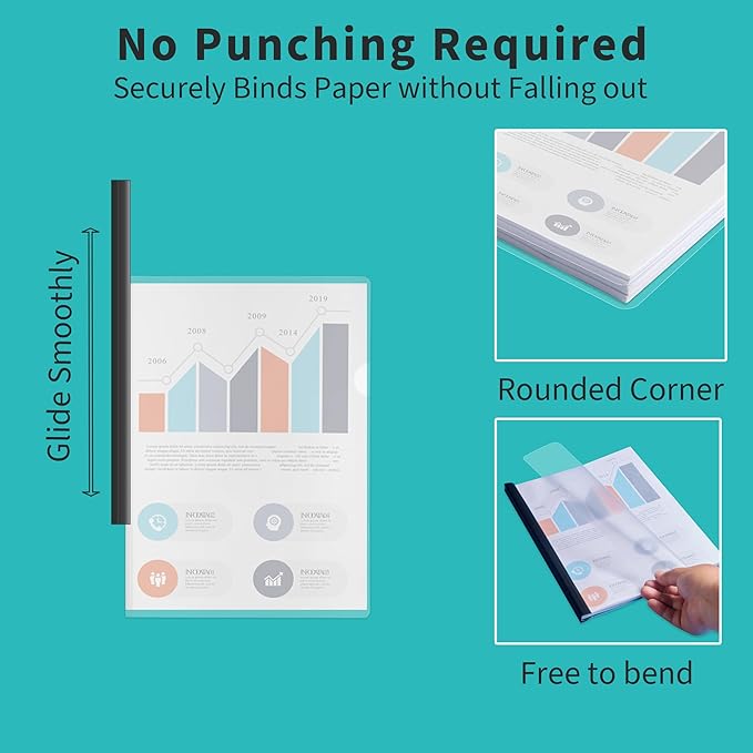 Binditek 40 Pack Heavyduty Clear Report Covers with Sliding Bars, 110 Sheet Capacity, Letter Size, 15mm Sliding Bar File Folder Binder, 8 Mil Thick, Black, for Students and Coworkers