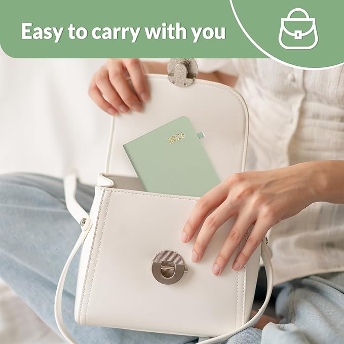 SUNEE 2026 Pocket Weekly Planner for Purse 3.5" x 6" - 12 Month (January 2026 - December 2026), Small Size Planner, Hardcover, Notes, Pocket, 100 GSM Paper, Sage Green