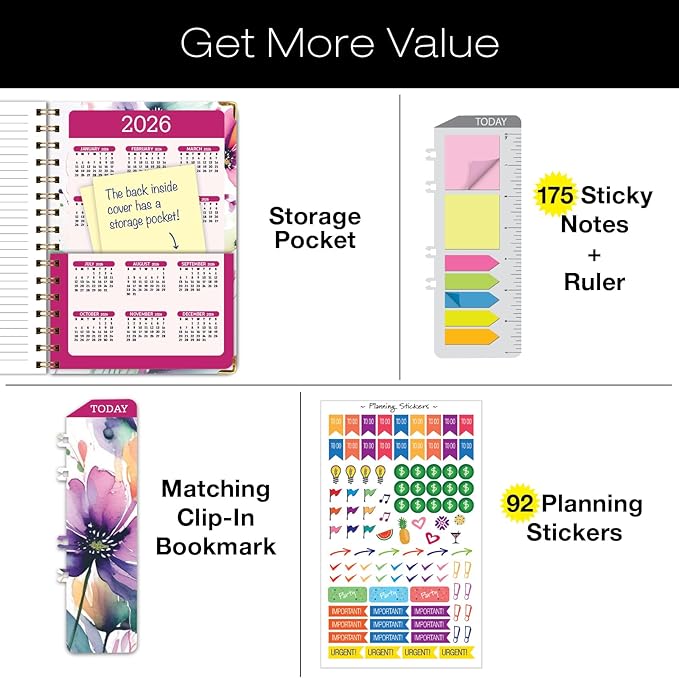 HARDCOVER Academic Year 2025-2026 Planner: (June 2025 Through July 2026) 5.5"x8" Daily Weekly Monthly Planner Yearly Agenda. Bookmark, Pocket Folder and Sticky Note Set (Rainbow Floral)