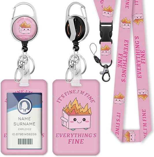 Gctriki ID Badge Holder with Lanyard, Dumpster on Fire Lanyard for Keys, Funny I'm Fine Retractable Badge Reel Clip, Teacher Lanyards for ID Badges Holder, Nurse Teacher Workers Women Office Gifts