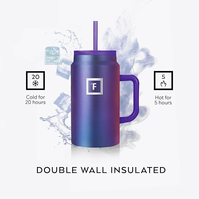 IRON °FLASK Co-Pilot Insulated Mug w/Straw & Flip Cap Lids - Cup Holder Bottle for Hot, Cold Drink - Leak-Proof - Water, Coffee Portable Travel Mug - Lavender, 50 Oz