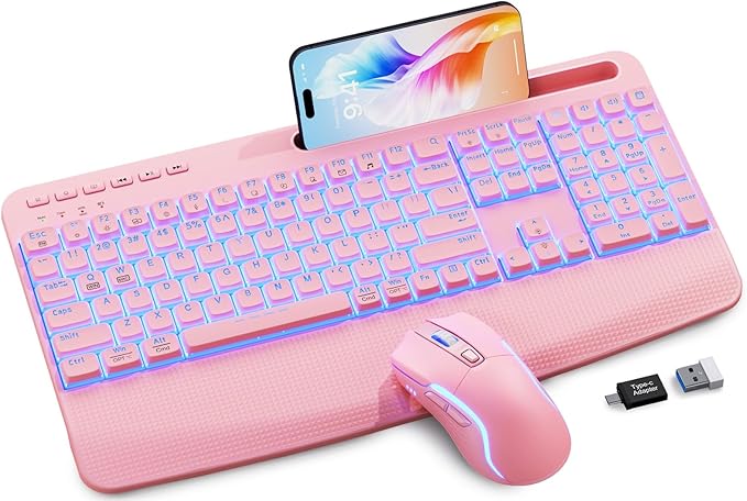 Pink Keyboard and Mouse Wireless Combo, 4000mAh Rechargeable Backlit Quiet Keyboards mice set, USB Ergonomic Key Board with Wrist Rest & Phone Holder for PC, Mac, Windows, Natural Soft Typing —SABLUTE