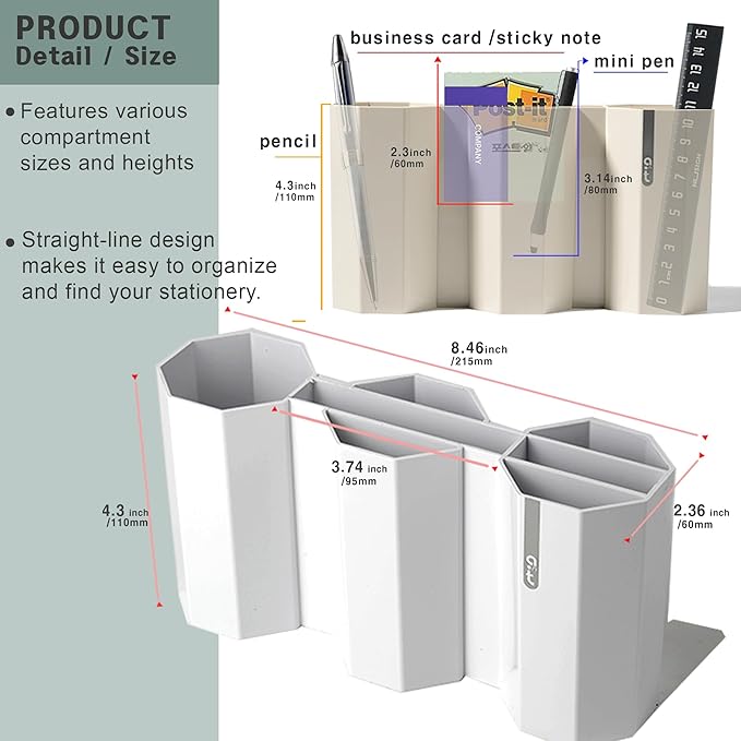 AonT Design Small Desk Organizer - Beige Pen Tray & Holder (Multi-Compartment) (Made in Korea) – Modern Office Storage Supplies Organizer and Aesthetic Decor for Accessories