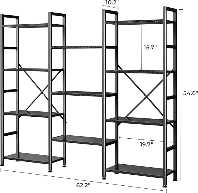 SUPERJARE Triple 4 Tier Bookshelf, Bookcase with 11 Open Display Shelves, Wide Book Shelf Book Case for Home & Office, Black
