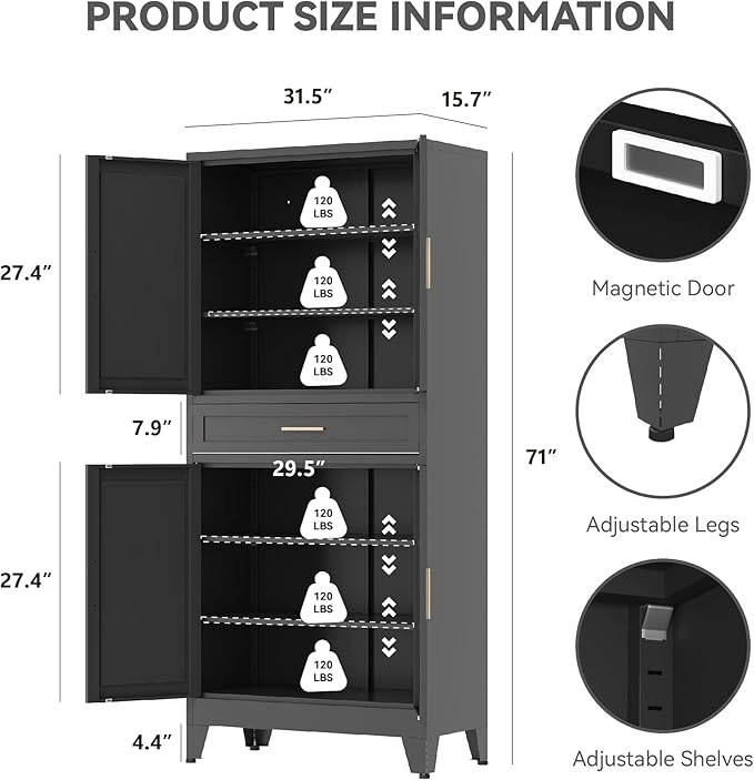 71" Tall Metal Storage Cabinet with Drawer and Adjustable Shelves,Farmhouse Kitchen Pantry Storage Cabinet with Doors,Large Wide Cabinets for Craft Room,Office,Dining Room,Bathroom(Black)