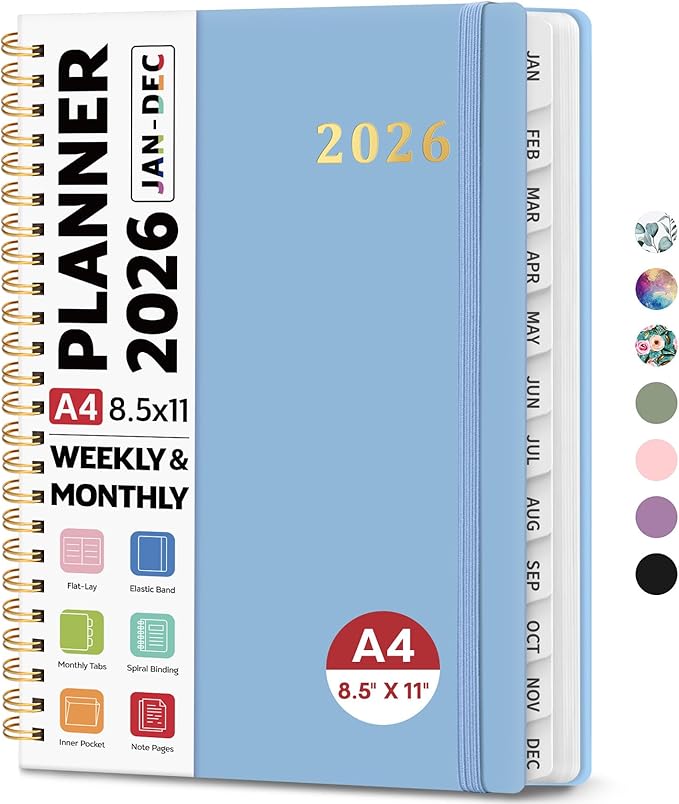 2026 Planner 8.5" x 11", Weekly and Monthly Calendar Planner Book, January 2026 - December 2026, Hardcover Spiral Planner with Monthly Tabs, Notes Pages, Perfect for Women & Men, A4 - Blue
