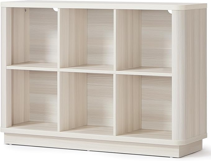 6 Cube Bookcase, 40" Wide Low Horizontal Book Shelf w/Curved Edge, Wood Floor Standing 2-Tier Bookshelf with Base, Modern Short Storage Cabinet Book Case for Bedroom, Office, White Cream Oak