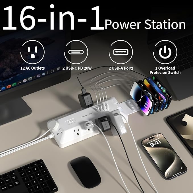 Surge Protector Power Strip with USB Ports, 12 Outlets 2 USB-C 2 USB-A, 6 Ft Flat Plug Extension Cord, Multi Plug Outlet with Phone Holder for Desk, Office, Home, Dorm, UL Certification (White)