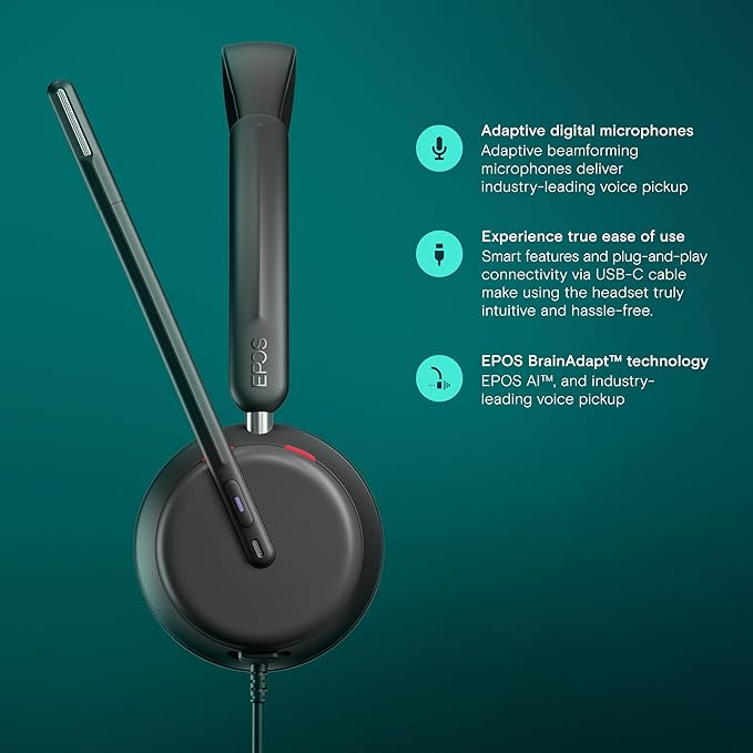 EPOS Impact 860T Double-Sided Wired USB C and USB A Headset with Noise-Canceling Mic, Microsoft Teams Certified, Super Wideband Audio, Comfortable Fit, Ideal for Business & Home Office Professionals