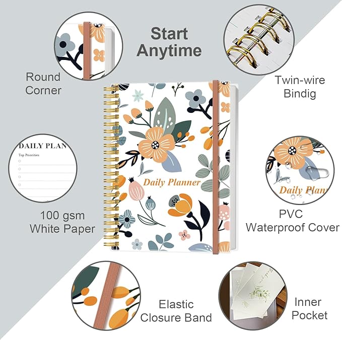 Daily Planner Undated - B5 To Do List Notebook Hourly Schedules, Spiral Appointment Planner for Women and Men, PVC Hardcover, Inner Pocket, Elastic Closure, 7" x 10", Rose Flower