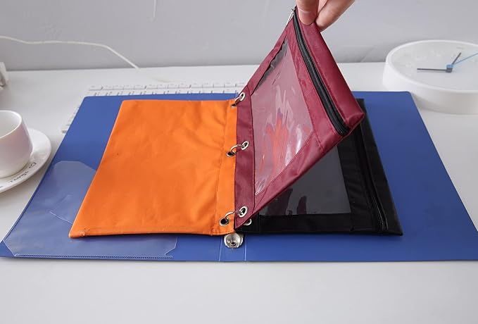 DoDoMagxanadu Binder Pencil Pouches, Pencil Pouch 3 Ring with Zipper Pulls, Clear Window Pencil Case with Rivet Enforced 3 Ring, Black 5 Pack