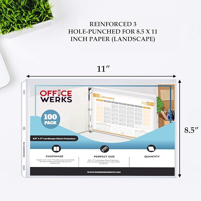 Performore 100-Pack Landscape Sheet Protectors | 11×8.5" Clear Top-Loading Sleeves | 3-Hole Punched, Acid-Free, Archival Safe Plastic for Binders, Scrapbooks, Photos & Documents