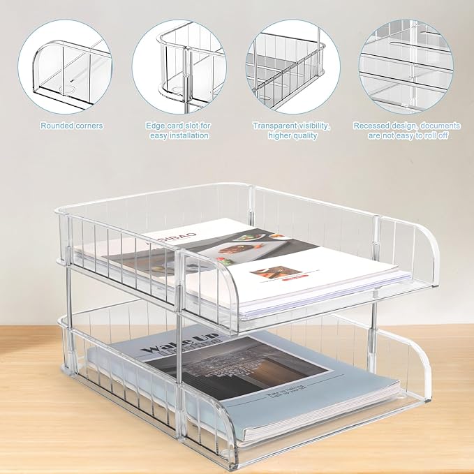 Stackable Letter Tray Papers Organizers, A4 Size Desk Organizer Tray for Letter Paper Stationery Desk Accessories, Plastic Black Paper Holder File Organizer for Office, School, Home (Clear)