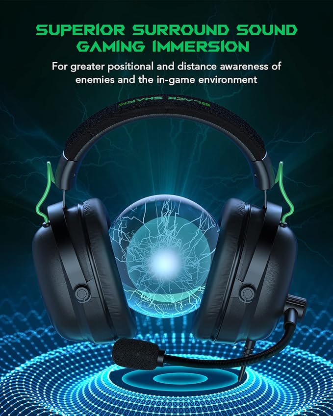 Black Shark Gaming Headset with Noise Canceling Cardioid Mic, Over-Ear Headphones for PC, PS4, PS5, Xbox, Switch, 50mm Dynamic Drivers & LED Light