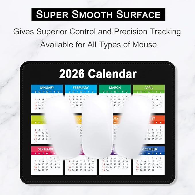 2026 Calendar Mouse Pad, Square New Year 2026 Mousepad 10.2 x 8.3 Inch, Stitched Edge Anti-Slip Waterproof Rubber Computer Mat for Office, Gaming, Laptop, New Year Office Supplies Gift, Black