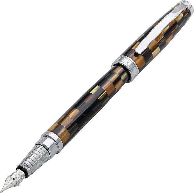 Xezo Urbanite Fountain Pen, Fine Nib. Woody Brown, Tan, Silver, and Black Acrylic on Brass. Chrome Plated. Limited Edition and Serialized