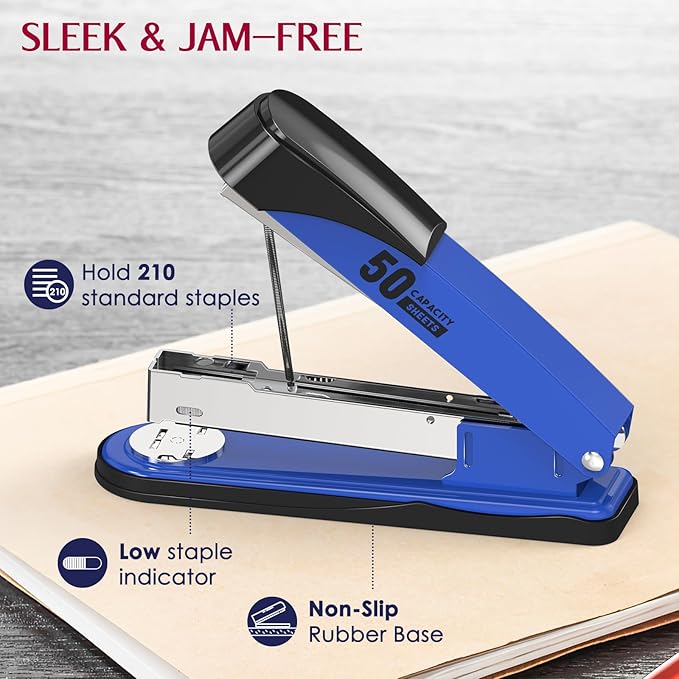 Metal Stapler Heavy Duty 50 Sheet Capacity with 1750 Staples and Staple Remover, Full Strip Staplers for Desk, No Jam, Non-Slip for Office & Classroom, Blue