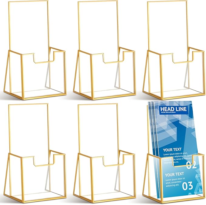 6 Pcs Gold Glass Brochure Holder 4 Inch Tabletop Literature Holder Stand Clear Trifold Pamphlet Flyer Brochure Display Stand for Magazine Booklets Menu Journals