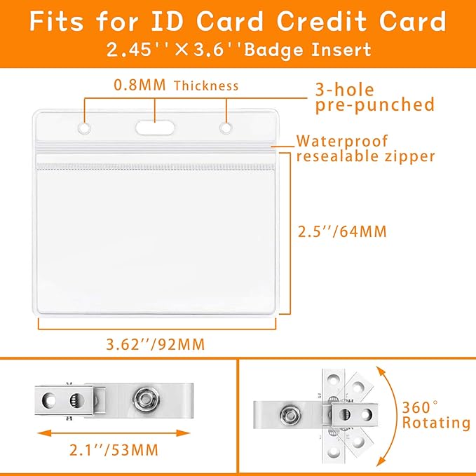 ID Badge Holder with Clip Clear Plastic Name Tag Holders Horizontal Ziplock Waterproof PVC ID Card Holder with Clip Straps(50 Pack, Horizontal 2.3X3.5)