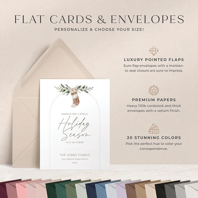 Personalized Stationery for Women & Men, A2 Family Christmas Cards Set, Stocking & Greenery Personalized Note Cards with Envelopes, Holiday Stationery Set for Family - Boho Holiday Flat