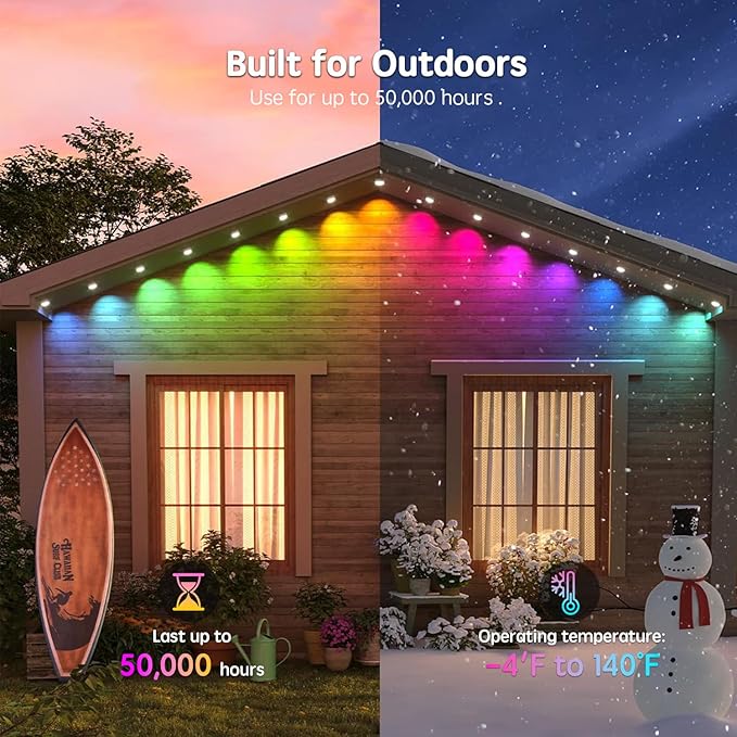 150FT Permanent Outdoor RGB Lights - IP65 Waterproof with Smart App Control Remote, DIY Scene Modes, Music Synchronization, Eaves Lights For Garden Decor, Deck, Christmas, Party, Party, Halloween,Roof
