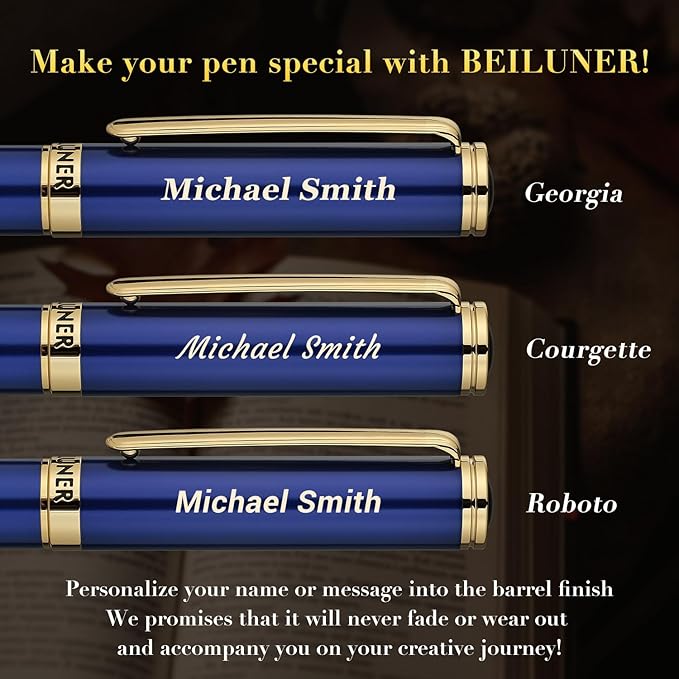 BEILUNER Personalized Blue Lacquer Gel Pen - Stunning Luxury Pen with 24K Gold Finish, ADMOK Black Refill, Executive Gift Set for Family & Friends, Writing, Fancy, Office, Retractable Pens