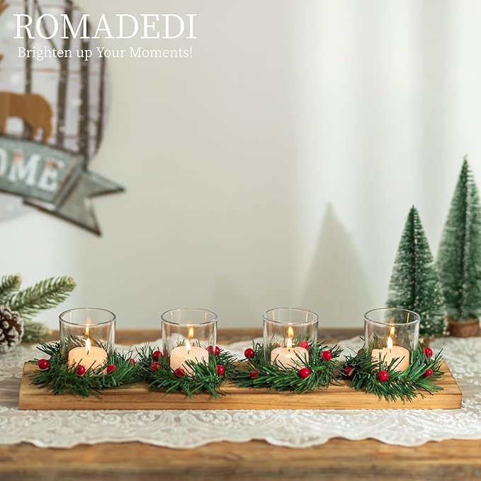 Christmas Candle Holder for Table Centrepiece Decoration: Romadedi Rustic 4 Tealight Holders with Mini Christmas Wreaths Wooden Tray for Xmas Winter Dinner Table Home Decor Gift 16.5 Inches