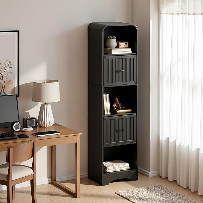 70" Tall Arched Bookcase and Book Shelf, Narrow Bookshelf with Drawers, Modern Wooden Bookshelves w/Adjustable 2 Bins Storage, Skinny bookshelf w/Open Display Shelves for Living Room, Office, Black