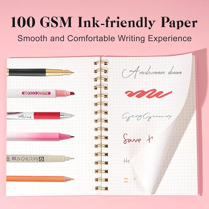 Yoment Graph Paper Notebook A5 Graphing Spiral Notebook 160 Pages Grid Paper Notebook Spiral Bound Pink Hardcover Spiral Journal 5x7 Grid Notebooks for Note Taking, Pink