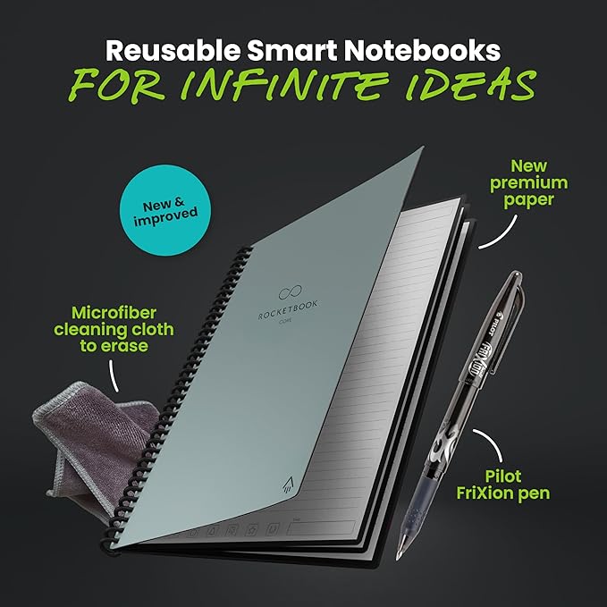 Rocketbook New Core Reusable Spiral Notebook, Letter Size 8.5x11, Gray - Lined Pages, App-Connected, Erasable, Durable Cover, Ideal for School, Work, and Creative Projects