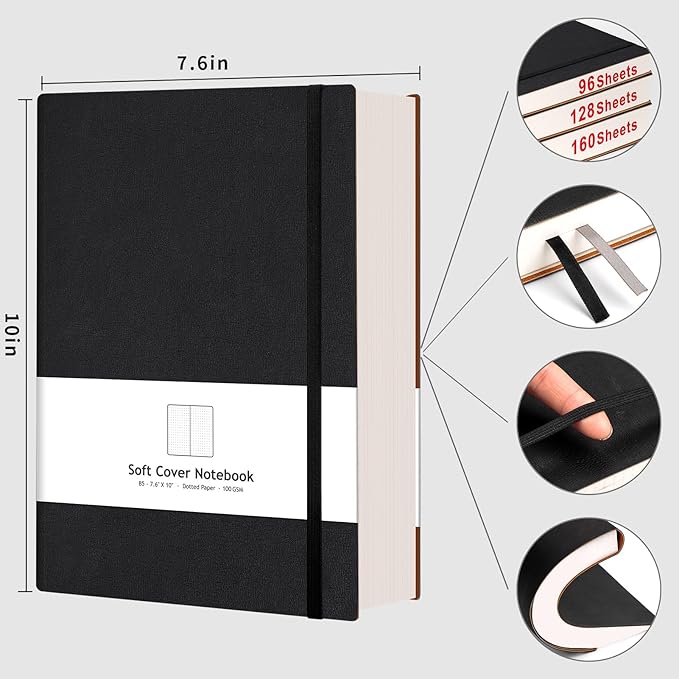 AHGXG Bullet Dotted Journal - 320 Pages Dot Grid Notebook B5 Large Journal, 100gsm Thick Dotted Paper, Leather Softcover, with Journal Stencils, Inner Pocket, 7.6'' X 10'' - Black