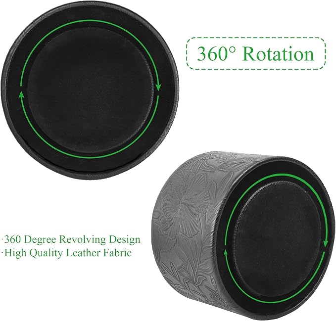 Hennaja Round Leather Art Supply Organizer,Remote Control Holder,360 Degree Spinning,Multi-Functional Pencil Holder,4 Compartments Desktop Stationary Organizer(1-Carved Black)