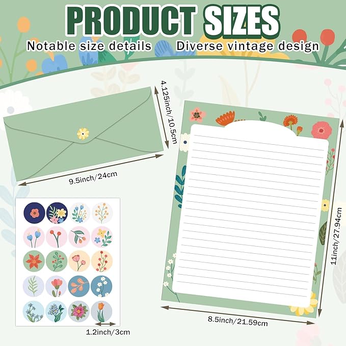 250Pcs Cute Stationery Paper and Envelope Set with 100 Letterhead Papers and 50 Envelopes,10 Design for Letter Writing Invitations Computer Holidays Party Notes, 8.5x11 Inch- Lined Flower