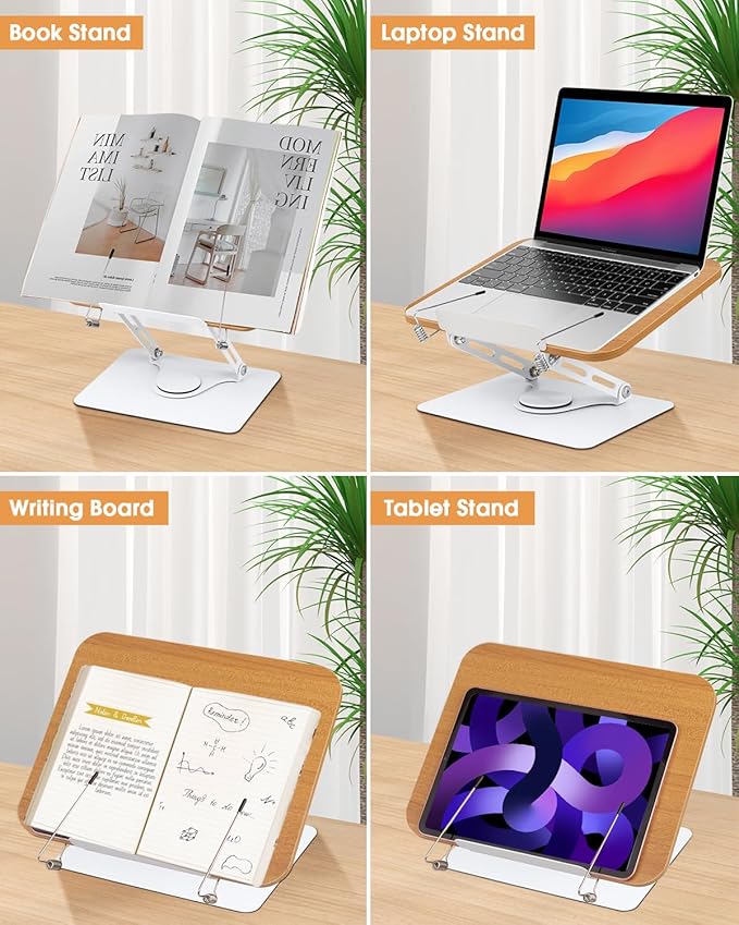 Honagu Book Stand for Reading, Adjustable Book Holder with 360 Degree Rotating Base & Page Clips, Hands Free Foldable Desktop Cookbook Stand for Sheet Music, Laptop, Recipe, Textbook (Yellow Wood)