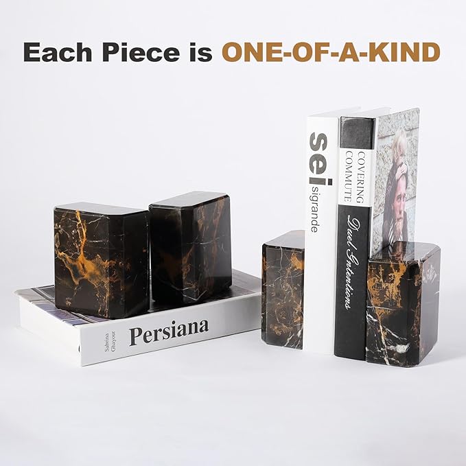 BCS Italy Natural Marble Bookends for Shelves, 7lbs Decorative Book Ends for Heavy Books, Athenian Column Stone Book Holders, Office Bookshelf Stopper Decor for Books, CDs, Video Games (Nero Portoro)