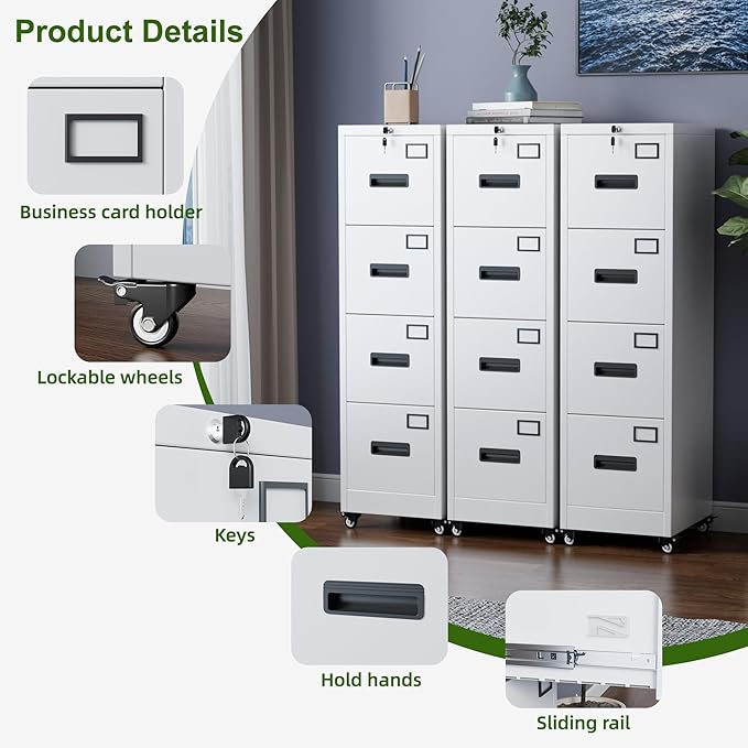 Aobabo 4 Drawer File Cabinet with Wheels, Lockable Metal Filing Cabinet with Name Card for Office and Home,Required Assembly,White