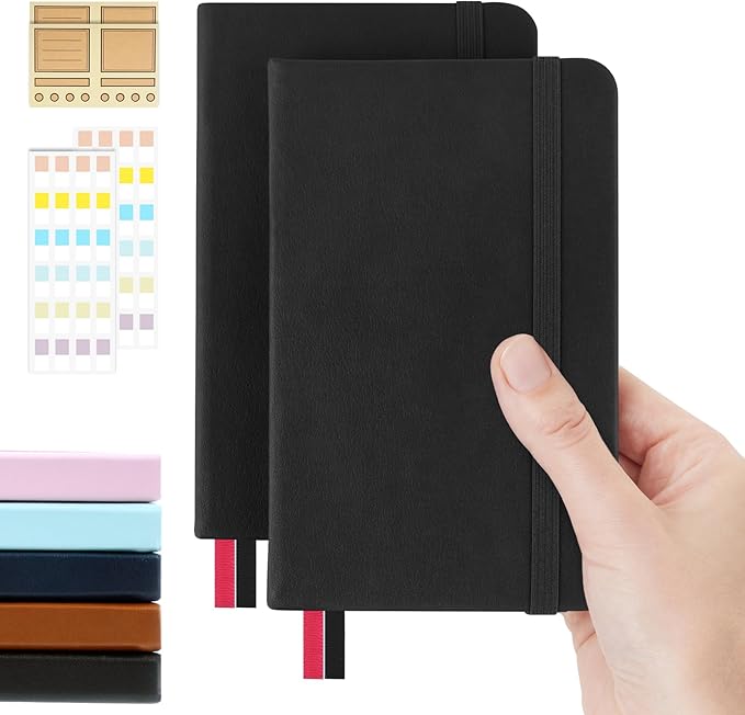 Pocket Dotted Notebook, 2-Pack Dot Grid Notebook, Dotted Journal with Stickers, 3.5" x 5.5" Hardcover, Small Mini A6 size, 160 Pages, 100 gsm Thick Paper, Black
